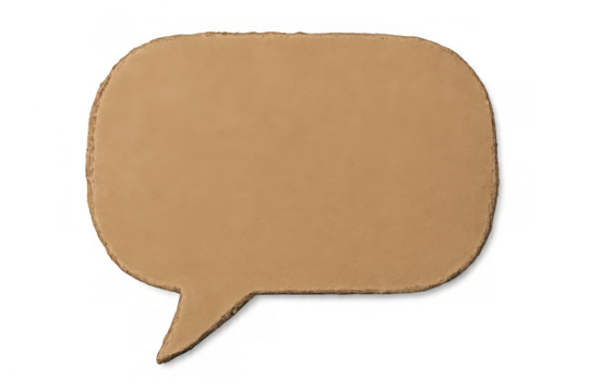 Cardboard speech bubble communicating idea, blank text discussion on transparent background