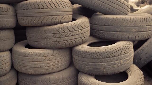 Stack of Used Car Tires Close Up Textured Tread Patterns automobile vehicle
