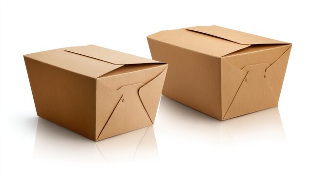 Two closed brown paper food containers sit casting shadow on white