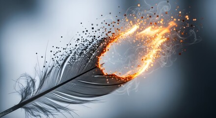 A close-up of a decorative feather with a glowing, fiery sparkler effect, creating an artistic and dynamic visual composition with a blurred background