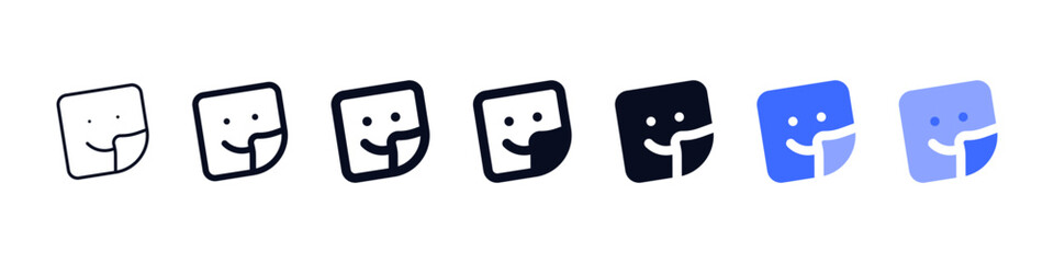 Cute smile sticker icon with rounnd folded corner. featuring rounded happy facial expressions in multiple outline and solid styles, perfect for fun labels, messaging apps, and playful digital designs.