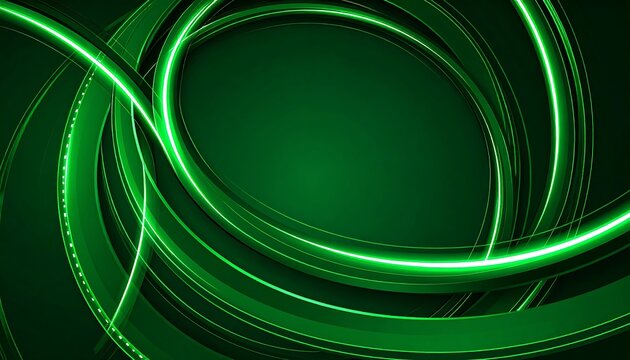Abstract Green Swirls Background with Glowing Lines and Dark Center.