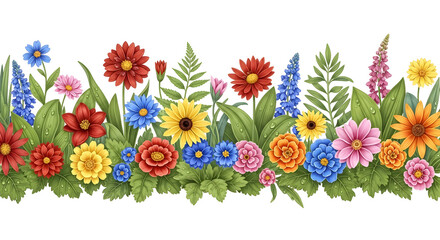 A vibrant and colorful illustration of a diverse array of blooming flowers and lush green foliage.