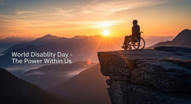 Person in wheelchair on cliff edge overlooking mountains at sunset