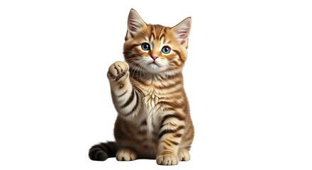 Adorable tabby kitten with paw raised on white background.
