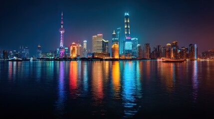 Panoramic view of a vibrant cityscape at night, with skyscrapers reflecting in the water