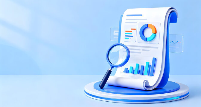 Business Analytics Report with Charts and Magnifying Glass on Blue Background - Powered by Adobe