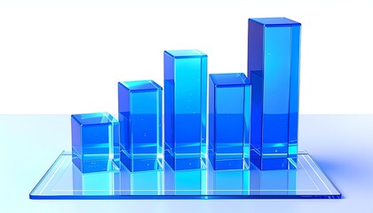 A 3D rendered bar graph of transparent blue blocks rising upwards against a white background