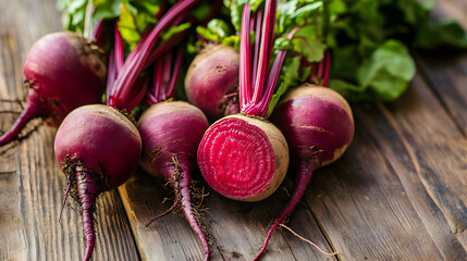 A group of fresh red beetroots with green leaves is displayed on a rustic wooden surface, ready to eat