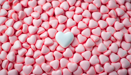 Unique white heart among many pink hearts, love concept
