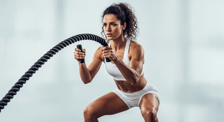 Fit Woman Performing Intense Battle Rope Workout for Strength and Endurance Training
