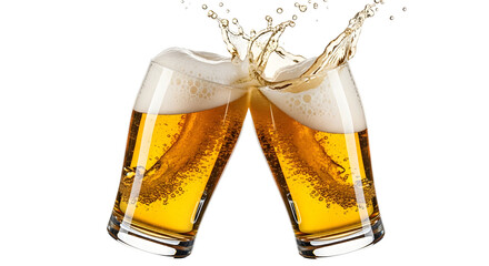 Two glasses of beer clinking together, creating a splash of golden liquid.