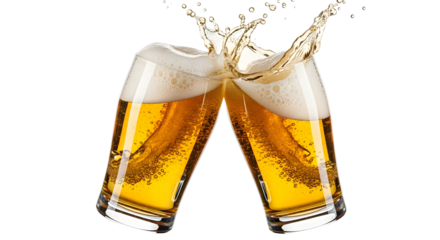 Two glasses of beer clinking together, creating a splash of golden liquid.