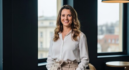 Professional Woman Poses Confidently In A Modern Office Setting Smiling