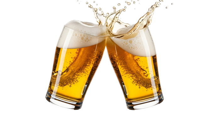 Two glasses of beer clinking together, creating a splash of golden liquid.