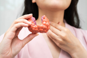 Hyperthyroidism, Overactive Thyroid, Thyroid Lymphoma, Asian woman with thyroid gland human anatomy model.