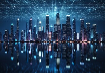 Futuristic city skyline at night with digital network overlay and water reflection