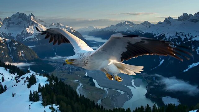 majestic white eagle flying high above snow capped mountains and a valley river village in a breathtaking nature landscape scene