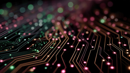 Digital Circuitry and Connectivity: A close-up view unveils the intricate pathways and luminous nodes of a digital circuit board, symbolizing the interconnectedness and technological advancement.