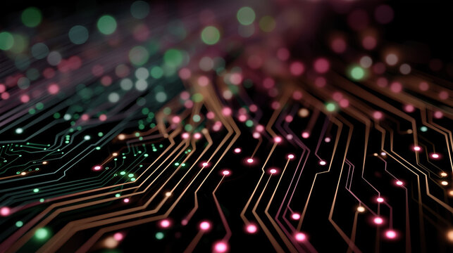 Digital Circuitry and Connectivity: A close-up view unveils the intricate pathways and luminous nodes of a digital circuit board, symbolizing the interconnectedness and technological advancement.