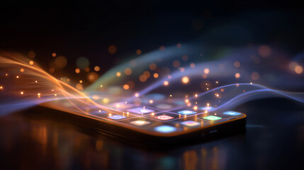 Smartphone: Illustrative image of a modern smartphone with radiant light streams cascading across its sleek surface, highlighting its technological capabilities and connectivity. 