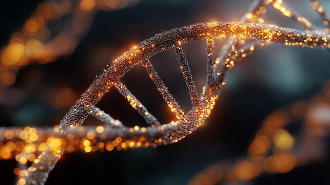 DNA Spiral Illuminated: A luminous, close-up view of a DNA double helix, showcasing the intricate structure and molecular details with sparkling particles and glowing.