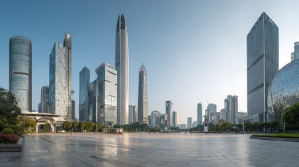 Obraz premium A panoramic cityscape of modern skyscrapers reflecting sunlight, arranged along a large, paved plaza, under a bright, cloudless sky