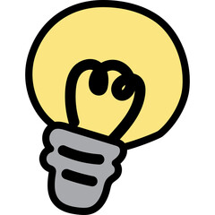 Yellow light bulb with gray base on a transparent background representing an idea innovation and inspiration in a simple doodle style