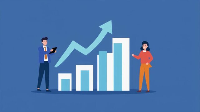 Business growth concept with animated bar graph and upward trending arrow with two people image photo - Powered by Adobe