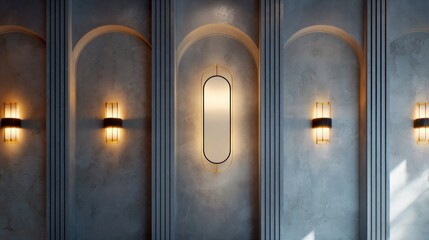 Arched textured wall with sconces and a lit oblong mirror for a luxurious interior