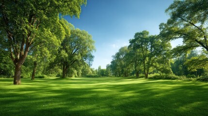 Wide shot of a lush, green meadow bathed in sunlight. Towering trees frame the grassy expanse, under a bright, clear, blue sky