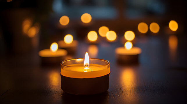 Closeup of burning candles in glass holders creating a warm and inviting atmosphere with soft bokeh lights - Powered by Adobe