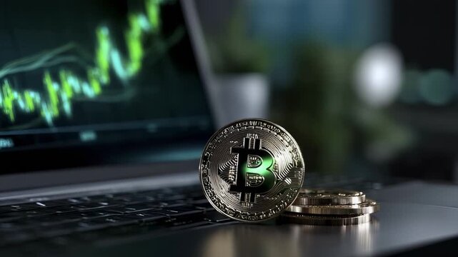 A gold-colored physical token with a B symbol rests on a laptop with a green financial chart showing upward trends on the screen behind it