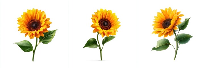 Fototapeta premium Bright Yellow Sunflowers Collection with Green Leaves Isolated on White