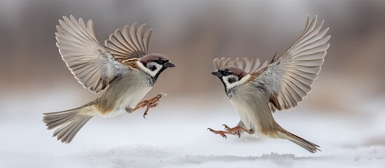 Obraz premium Two Brown Sparrows Flying in Snowy Winter Scene with Open Wings