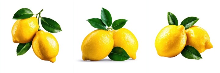 Fresh Yellow Lemons with Green Leaves Isolated on White Background