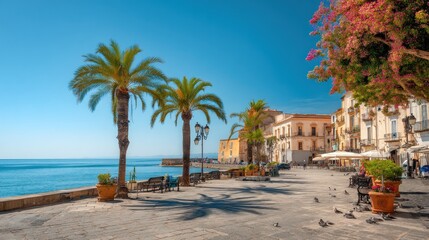 Coastal Mediterranean town promenade, sunny day
