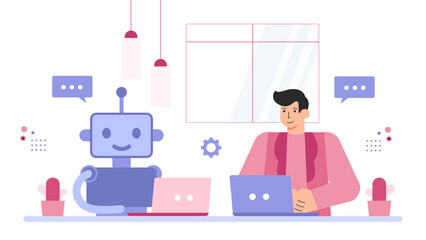 Robotics in Modern Office Concept Flat Vector Illustration