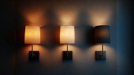 Three wall lamps illuminate a textured wall with warm, varied light