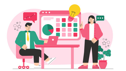 Flat Design Business People Planning Annual Strategy Flat Vector Illustration