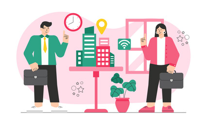 Business People Discussing Smart City Development Flat Vector Illustration