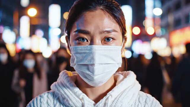 A woman in a mask stands amidst a crowd at night. She has bright eyes, others are blurred