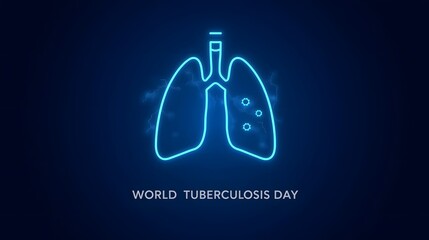 A glowing neon illustration of human lungs highlighting tuberculosis infection for World Tuberculosis Day awareness, emphasizing global health education, prevention campaigns, and medical advocacy ini