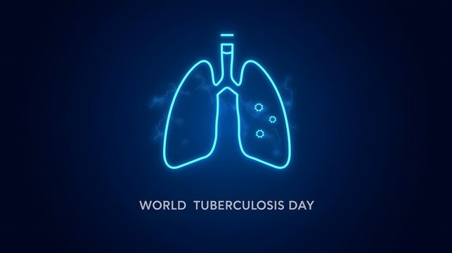 A glowing neon illustration of human lungs highlighting tuberculosis infection for World Tuberculosis Day awareness, emphasizing global health education, prevention campaigns, and medical advocacy ini