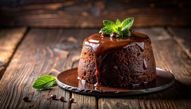 Delicious Chocolate Pudding Cake with Dripping Sauce and Mint Garnish