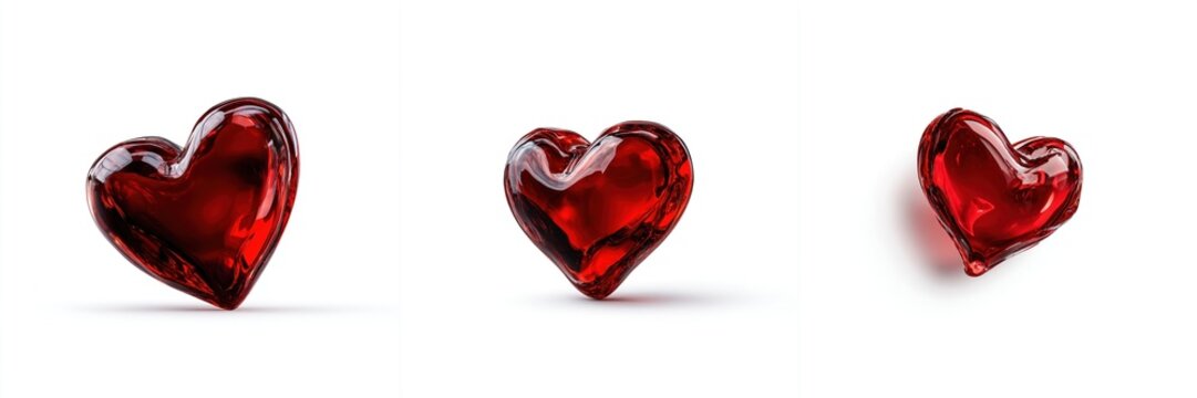 Set of Three Vibrant Red Glass Hearts for Love Concepts