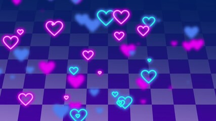 Animation neon hearts gently ascend glowing softly above a vibrant purple checkerboard floor scene. - Powered by Adobe