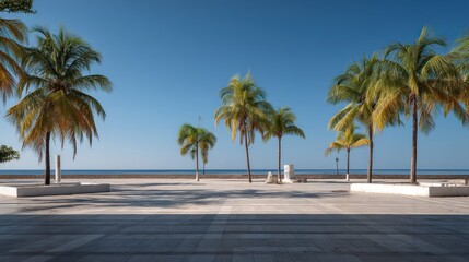 Tropical paradise view with palm trees lining a seaside promenade under a clear blue sky