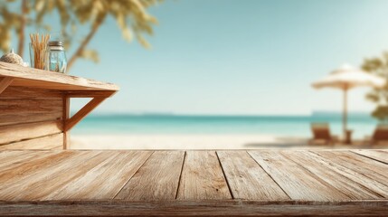 Beach bar counter with ocean backdrop, inviting summery, tropical vibe, blurred ocean view