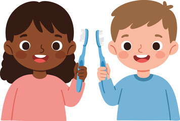 Fototapeta premium Two happy children smiling and holding toothbrushes against a clean white background with a cheerful mood.